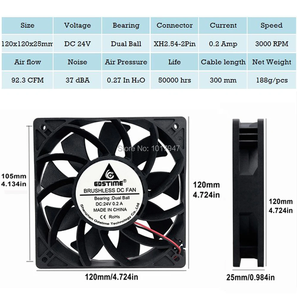 Gdstime 120 мм 12025 DC 24 В 2Pin 120x120x25 мм 12 см двойной шарикоподшипник высокого давления Сервер вентилятор охлаждения