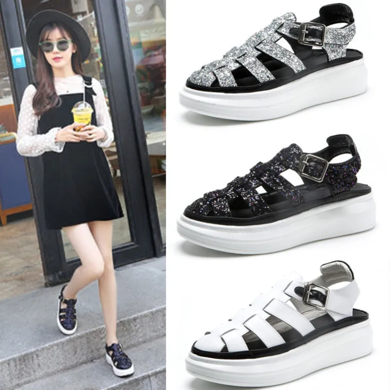 

2019 Single Shoe Hollow Muffin Bottom Rome Student Sandals Woman