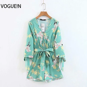 

VOGUEIN New Womens Vintage Summer Crane Floral Print Light Green Jumpsuit Playsuits Wholesale