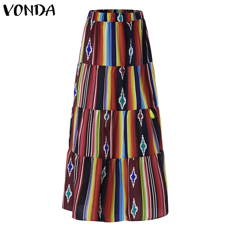 VONDA Женская юбка лето винтажные длинные юбки с принтом Ретро повседневные свободные женские многослойные юбки размера плюс S-5XL