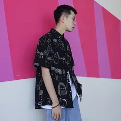 2019 летние Мужская мода тренд печати короткий рукав Мужская гавайская рубашка хлопок Костюмы французская запонка белый/черные рубашки S-XL