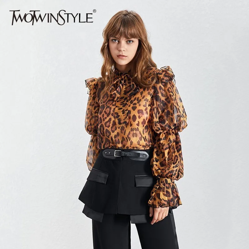 

TWOTWINSTYLE Leopard Print Shirt Women Puff Long Sleeve Bowknot With Vest Chiffon Tops Female Vintage 2019 Spring Fashion