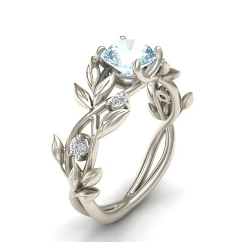 

Women Flower Ring Wedding Band Leaf Blue Cubic Zircon Regatta Silver Female Finger Ring Engagement Party Vintage Jewelry DBR135