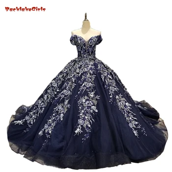 

Hot Sale Special Lace Design Wedding Dress Royal Blue Color Bridal Gown Long Sleeves Wedding Gown Factory Directly Ball Gown