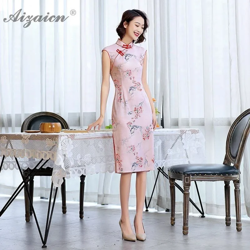 Новинка 2019 года розовый Cheongsam хлопок льняной с принтом туалетный модное платье шелк современный Qipao для женщин Традиционный китайский