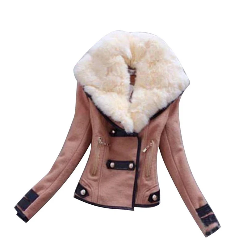 Плюс Размеры Для женщин тонкая короткая куртка пальто Верхняя одежда с искусственной меховой воротник и пуговицы Симпатичные Лолита