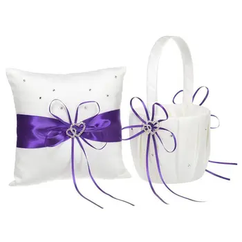 

2 Heart Rhinestones Ivory Satin Flower Girl Basket And Ring Pillow Set for Wedding Purple
