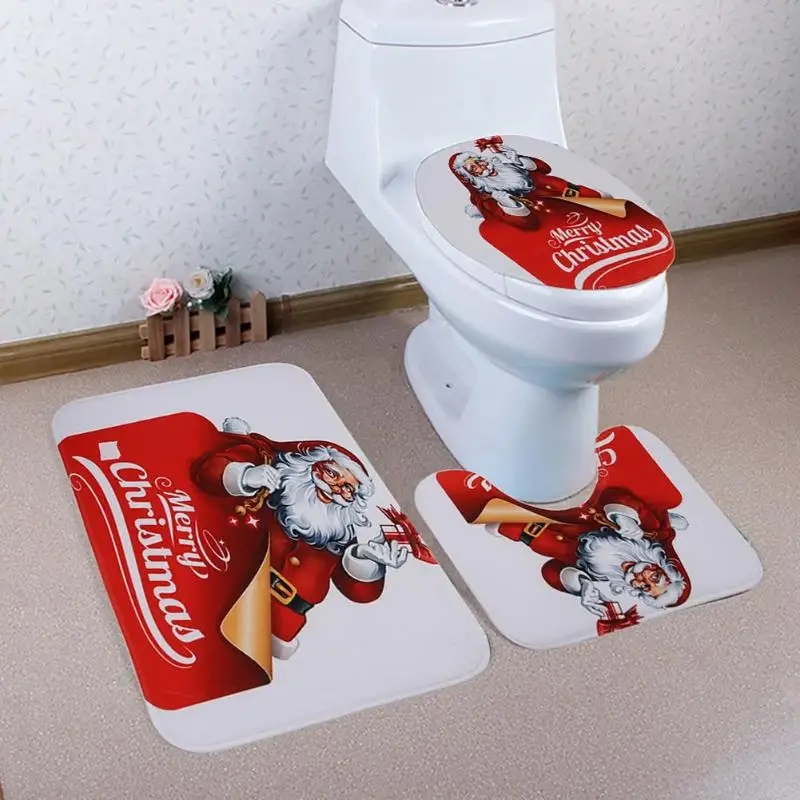 3 Pcs Christmas Santa Claus Non Slip U Shape Square Mat Toilet Seat