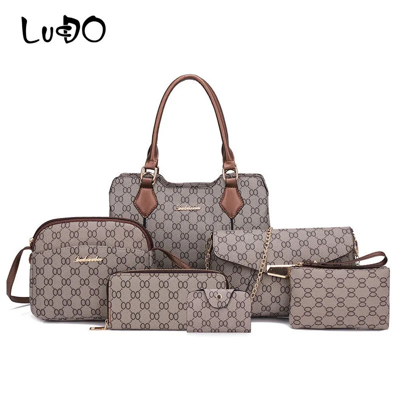 

LUCDO Fashion 6 PCS/Set Women Handbags High Quality Brand Female Shoulder Messenger Bag Designer Wallets Purse Key Bag Bolsa Sac