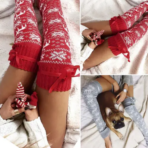 

Womens Christmas Knitted Over The Knee Long Thigh-High soft Tights Stockings