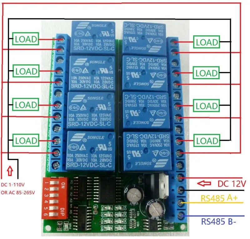 

8CH DC 12V Modbus RTU RS485 Relay Module Switch Board for PLC Lamp LED PTZ Camera