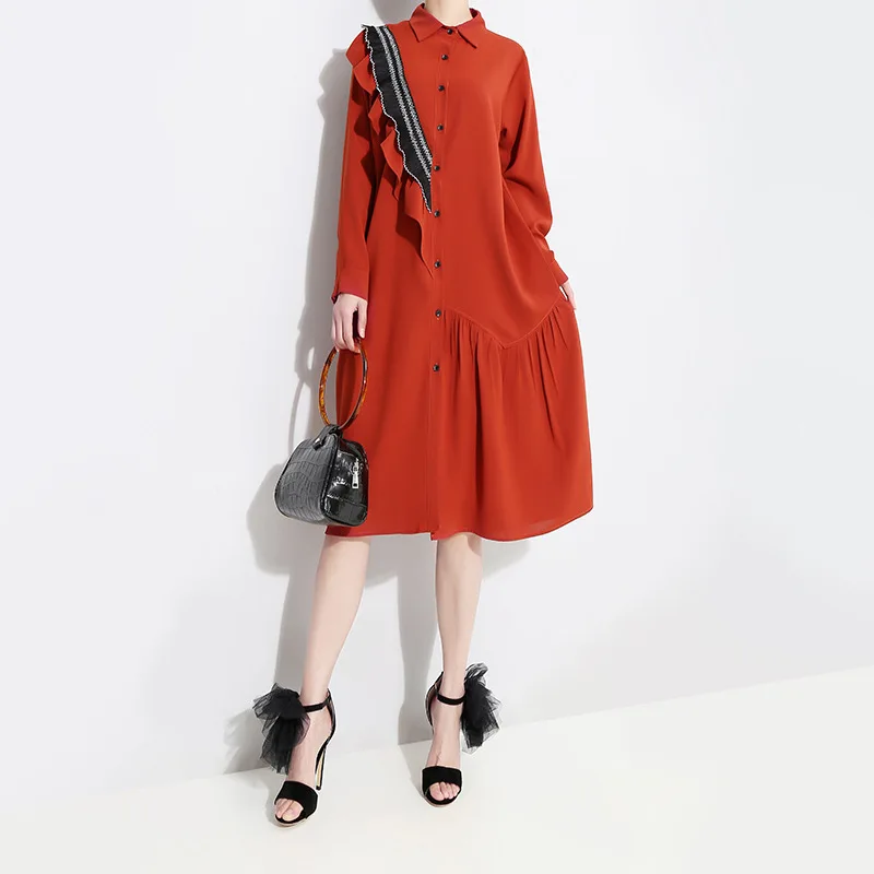 

[YaLee] 2019 Spring Summer New Fashion Lapel Pleated Splice Irregular Ruffles Shirt Type Large Size Loose Dress Women Y202
