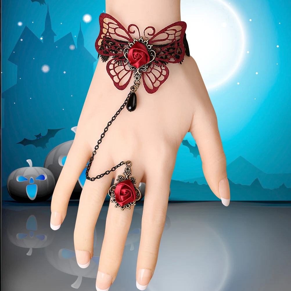 Кружева бабочка ретро красная роза элегантный готический украшения руки Лолита цветы раб браслет кольцо набор для вечерние queen для женщин
