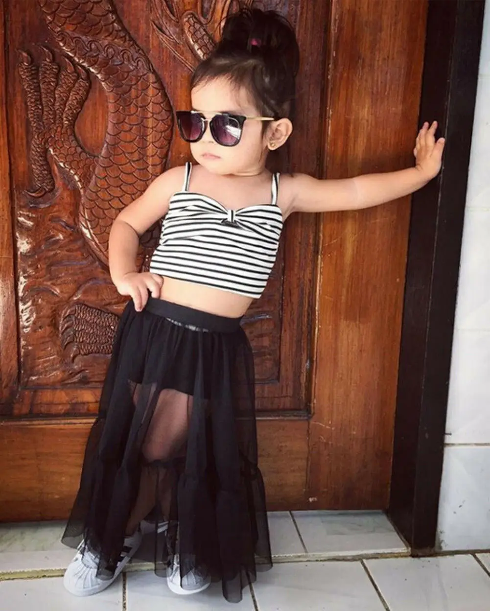 

Fashion Toddler Kid Baby Girls Bow Stripe Camisole + Black Veil Outfits 2 PCS Tops Dress Shirt Skirt Clothes Sets
