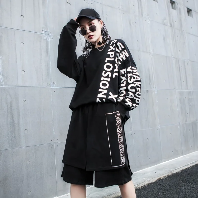 Pierna Carta Ancha Primavera Cintura Estampado Rodilla De Negro Elástica Nueva Sispell Asimétrica Mujer Longitud Marea Pantalones 2019 Moda Black Sueltos Ox8w7w