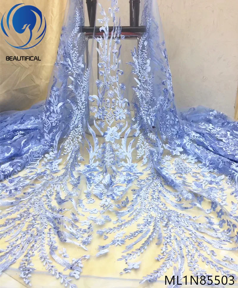 

Beautifical Baby blue net lace fabrics with beads Fashion embroidery design nigerian lace sequins fabric for wedding ML1N855