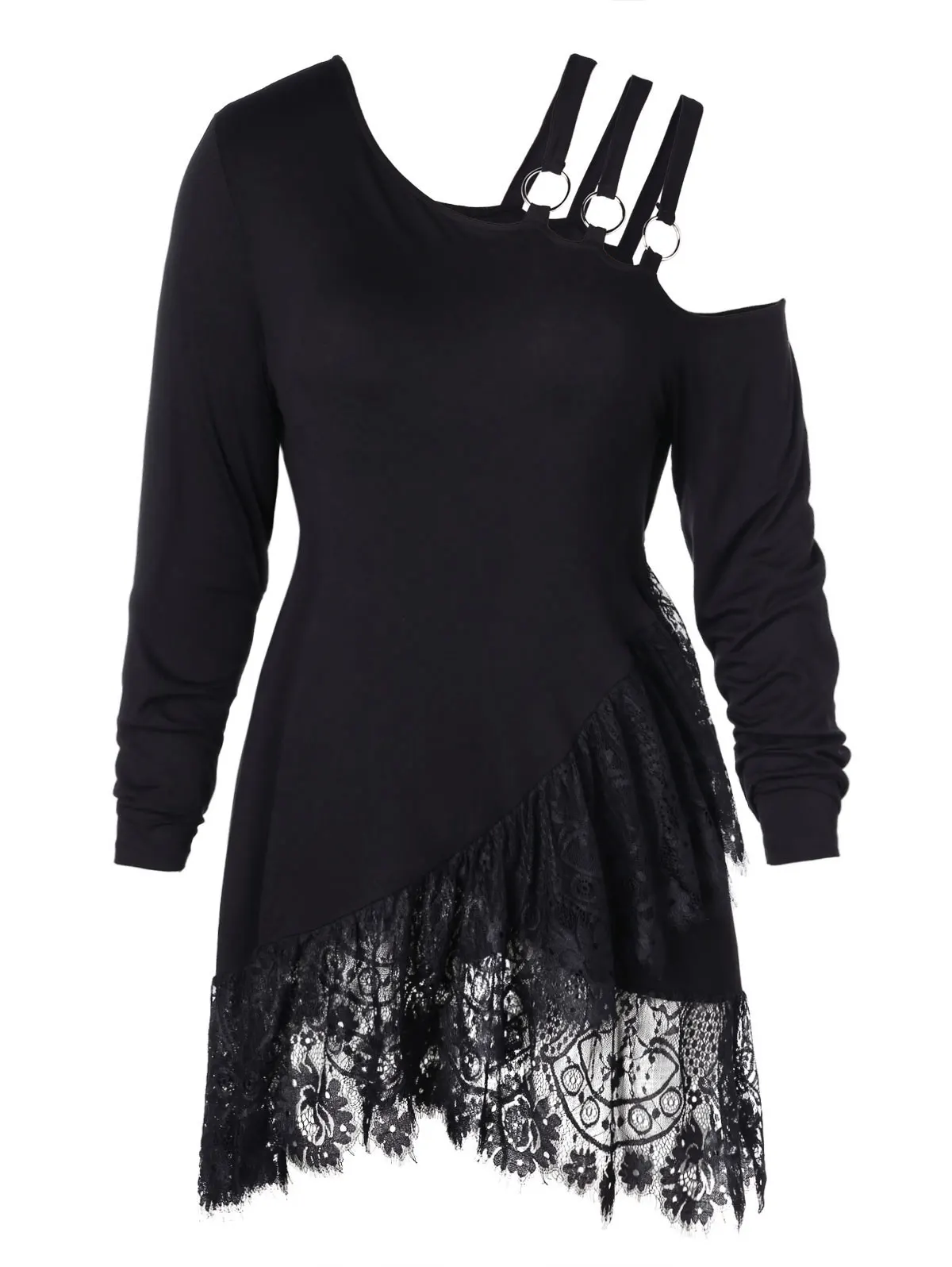 

Wipalo Plus Size Lace Irregular Hem Belted T-Shirt Winter Spring Casual Long Sleeve Ladies Tops Women T-Shirts Big Size Clothes
