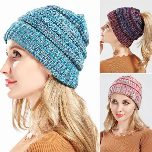 

Ponytail Beanie Hat Women Soft Knit Crochet Hats Winter Warm Cap For Ladies Casual Skullies Beanies Woolen Slouchy Holey Cap