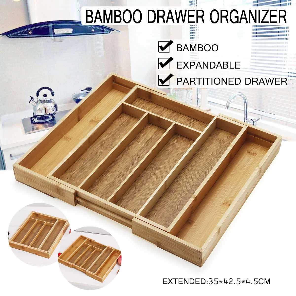 

Bamboo Drawer Organizer Multi-Use Storage Box Kitchen Accessories Bamboo Adjustable Utensil Drawers Cutlery Tray Storage Holders