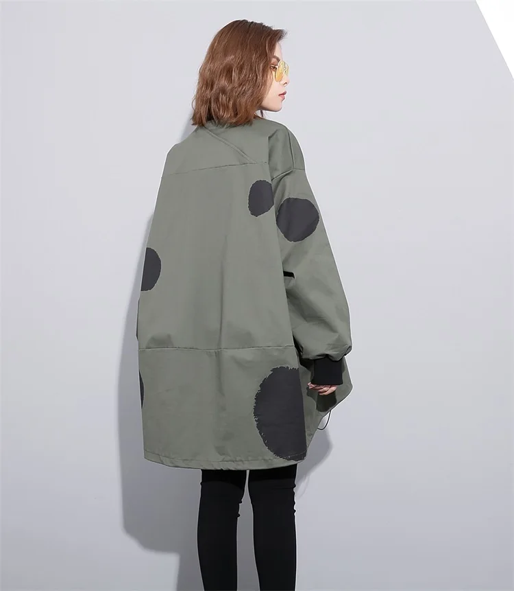 [EAM] новая весенняя куртка со стоячим воротником, с длинным рукавом, с принтом в горошек, нестандартный однотонный цвет, большой размер, Женская куртка, модное пальто, JC952