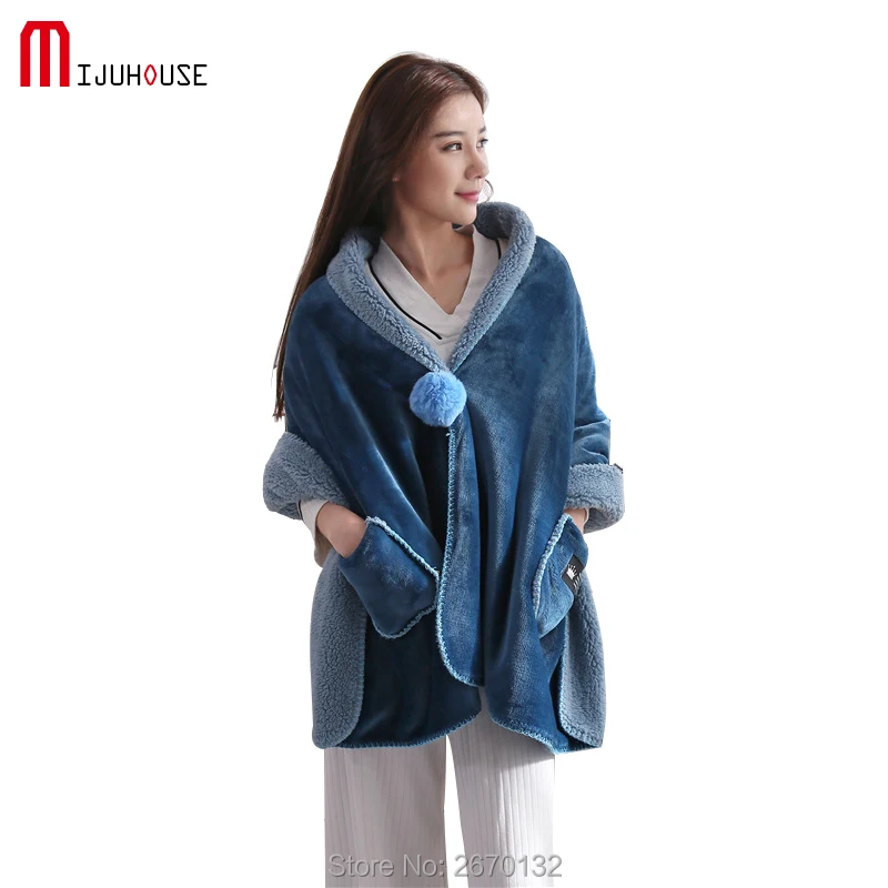 Soft Velvet Cashmere Blanket Wearable Sleeves Lazy Shawl Blanket Simple Style Solid Color