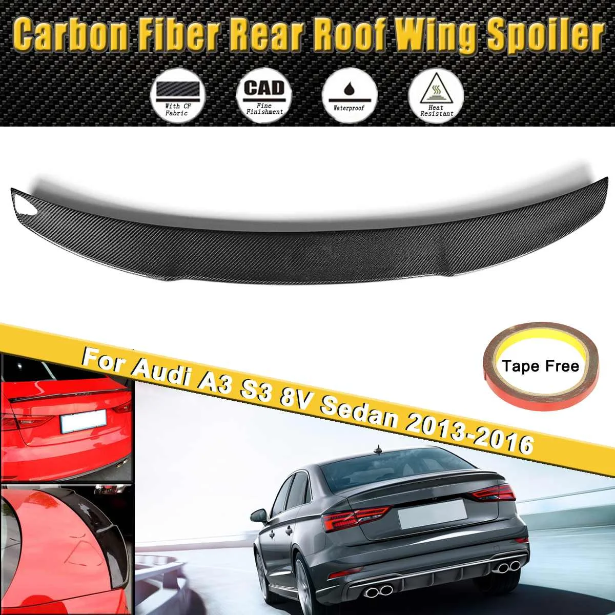 

Full Real Carbon Fiber Auto Rear Trunk Lip Roof Wing Spoiler Fit For Audi A3 S3 8V Sedan 2013-2016