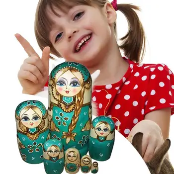 

7pcs Different Sizes Green Wooden Russian Nesting Dolls Braid Girl Traditional Ethnic Matryoshka Dolls For Girl's Birthday Gift