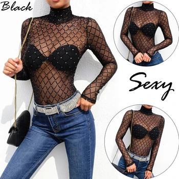 

Women New Fashion Girls Sexy Black Sheer Mesh Lace See Through Clubwear Jumpsuit Long Sleeve Turtleneck Bodysuit