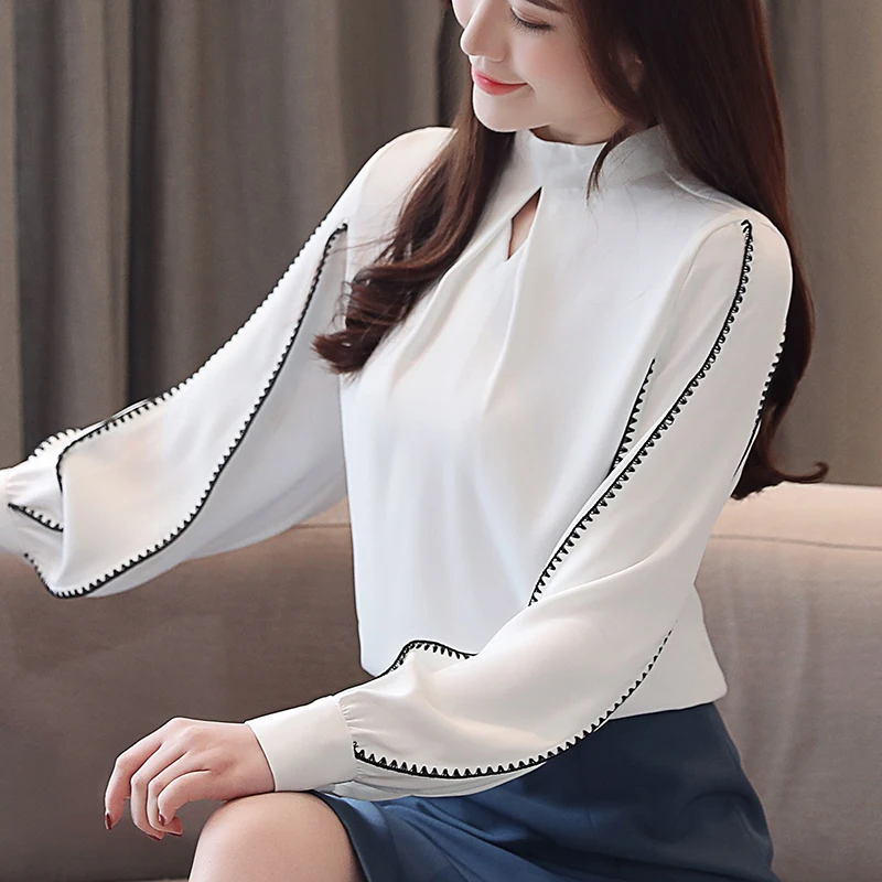 

2019 New Spring Women Shirts Lantern Sleeve Stand Neck Chiffon Small Clear Blouse Shirt White Pink Green 9510