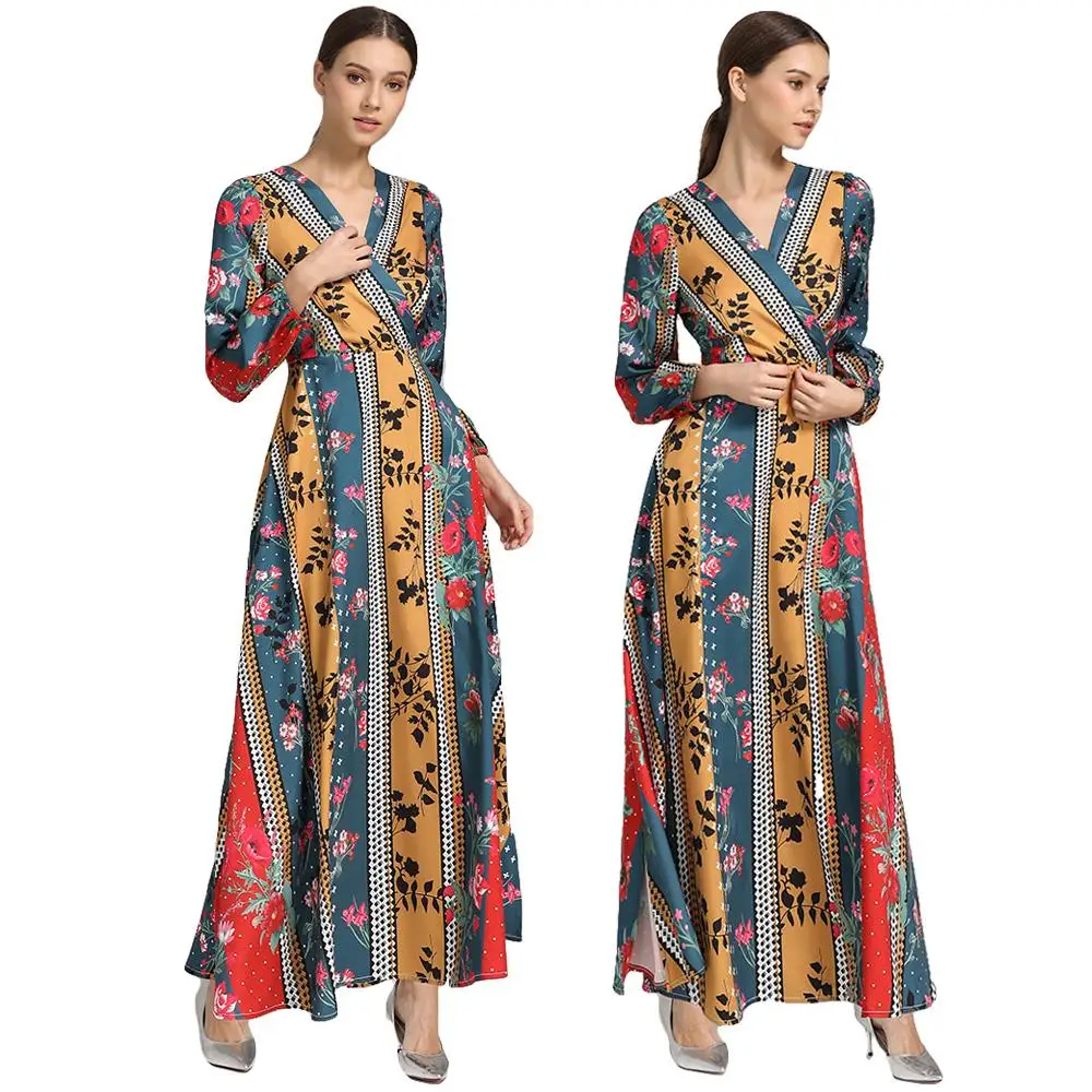 

Ethnic Floral Print Long Dress Women V-Neck Maxi Party Abaya Kaftan Jilbab Muslim Robe Ramadan Long Sleeve Loose Islamic Gown