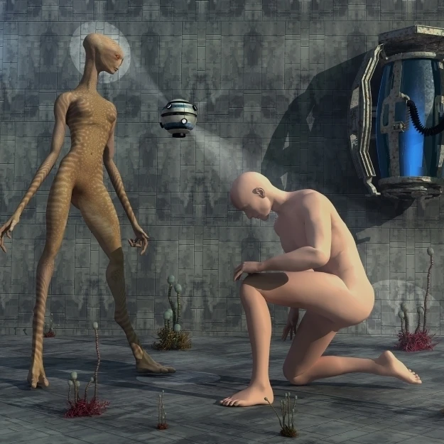 A female reptoid standing over a male humanoid Poster Print (36 x 22) | Дом и сад