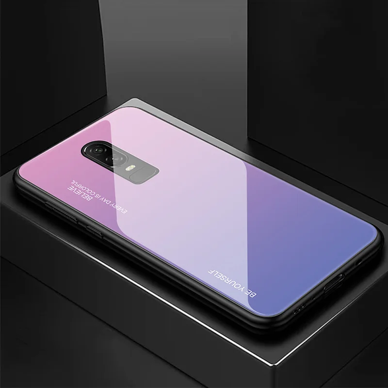 Luxury Phone Case For One Plus 6 Gradient Colorful Rainbow Tempered Glass Back Cover OnePlus 6T Coque |
