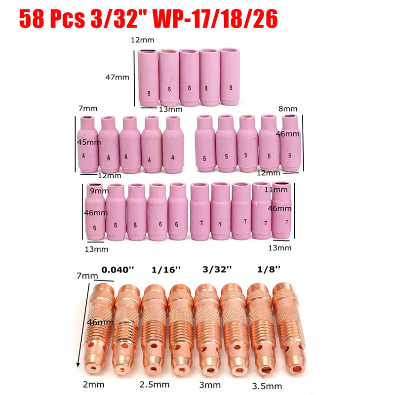 

New Arrival Cup-Collet-Collet Body-Cap-Gasket Kit TIG Torch 17/18/26 58pcs TAK20 Durable Quality