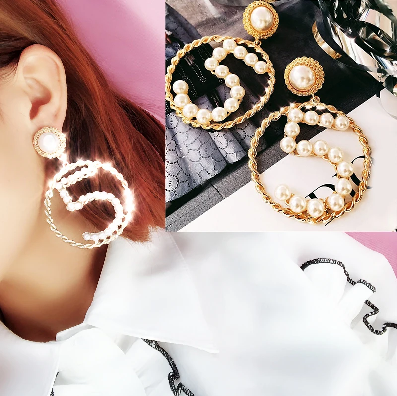 

New Fashion Drop Earring Hot Sale Women Jewelry Black Ribbon Weaves Simple Simulated Pearl Wedding 1Pair Number 5 Big Circle
