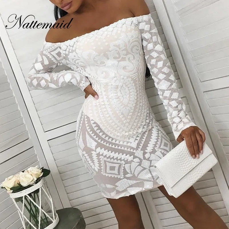 

NATTEMAID Slash Neck 2019 Autumn Winter Sequin Dresses Women Mini Sexy Party White Dress Off Shoulder Bodycon Dress Vestidos