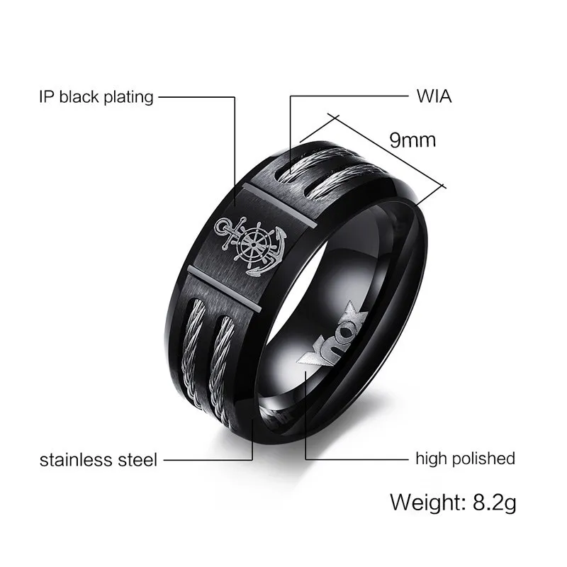 Vnox Men's Rudder Ring Personalize Cool Black Stainless Steel Wia Men Jewelry dropshipping Unique Male Gift - Image 3