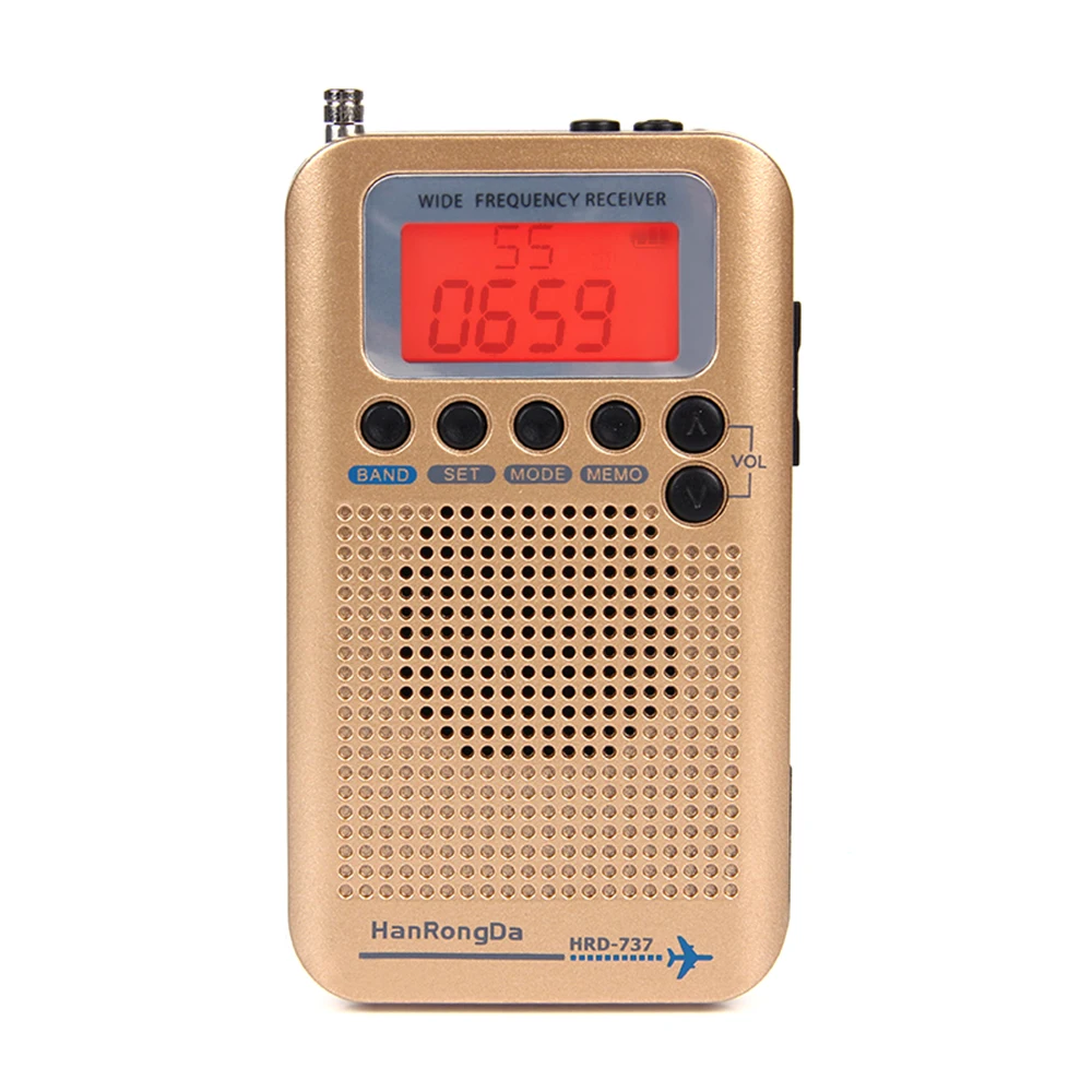 HRD-737 портативный Полнодиапазонный радиоприемник FM/AM/SW/CB/Air/VHF World Band с ЖК-дисплеем Будильник Радио - Цвет: Golden
