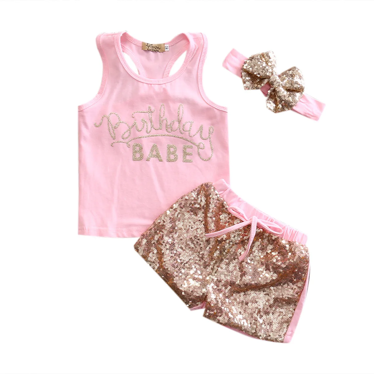 

3 pieces Birthday Babe Print Tanks Top and Sequins Shorts with Headband Set For Baby Girl Summer Clothes