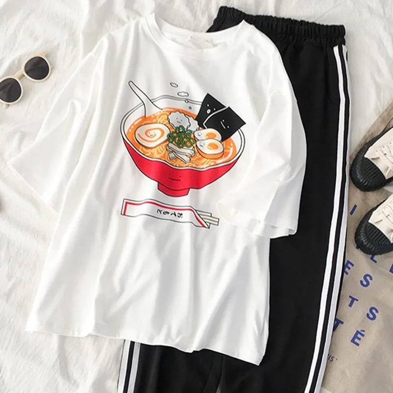 

Women Two Piece Outfits White Casual Print T-shirt + Black High Waist Long Pant Summer Korean Haren Long Pants Matching Sets