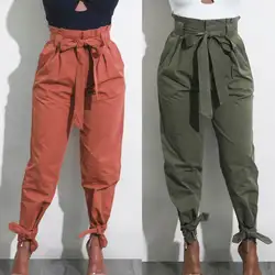 2019 новая женская мода с завязкой в виде банта шаровары Повседневные Бандаж с высокой талией длинные брюки свободные однотонные Длинные