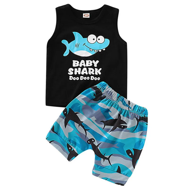 Baby Boy Cartoon Shark Letter Print Vest Top + Shorts Set Boutique Children's Clothing Cotton O-Neck Summer New Fashion 2 Sets Baby Boy Cartoon Shark Letter Print Vest Top + Shorts Set Boutique Children's Clothing Cotton O-Neck Summer New Fashion 2 Sets