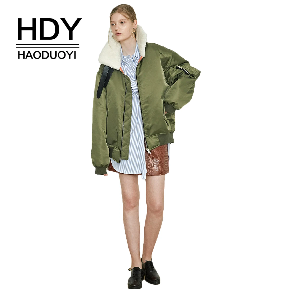 Куртка с меховым воротником HDY haoduoyi уличная свободная Армейская зеленая | Женская