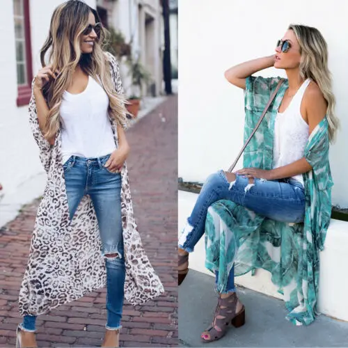 

Women Casual Summer Chiffon Cover Up Cardigan Leopard Beach Party Long Dress