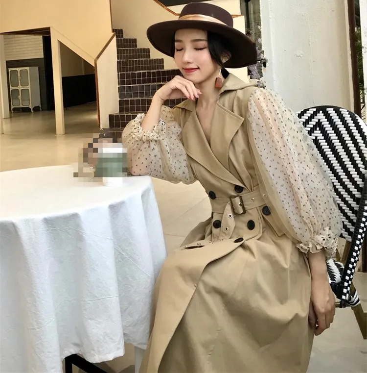 Fashion Dot Mesh Puff Patchwork Windbreaker Female's Double Breasted Long Type Coat Long Sleeve Trench Coat