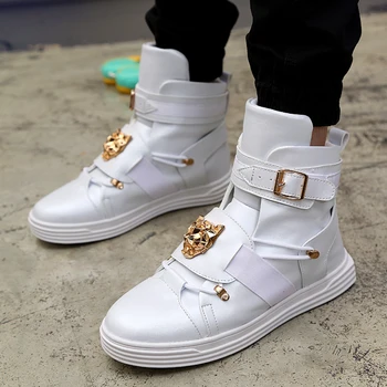 

Punk Men Rivet Shoes Hip Hop Shoes Men White Solid Dance Platform Flats Fashion Buckle High Top Zapatillas Hombre