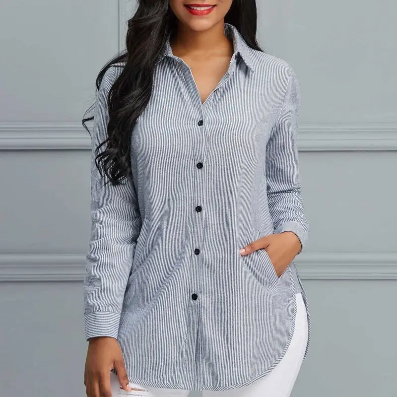 

Women Shirts Casual Elegant Vintage Travel Plus Size Office Lady Slim Gray Spring 2019 Lapel Stripe Pocket Split Female Blouses
