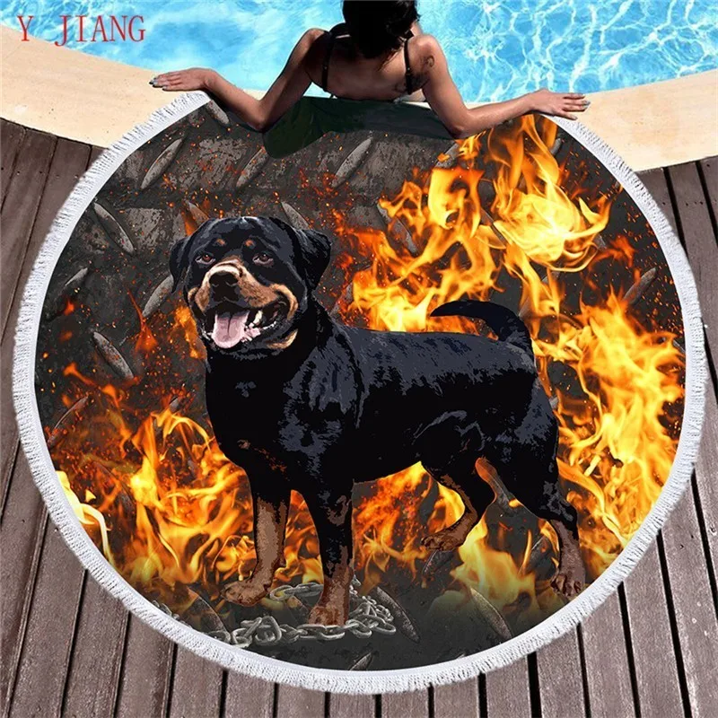 Rottweiler Large Round Beach Towel With Tassels 3d Printed Microfiber Shower Animal Dog Picnic Mat Drap De Plage Blanket | Дом и сад
