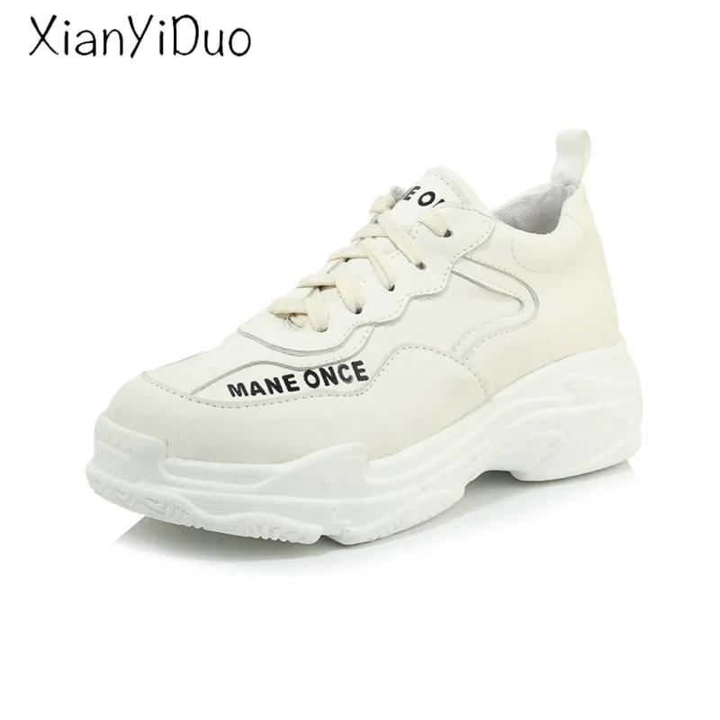 

Xianyiduo 2019 new Spring Casual round Toe Flat Platform women's shoes Cross-tied Lace-Up Beige plus size 40-46 /198-46
