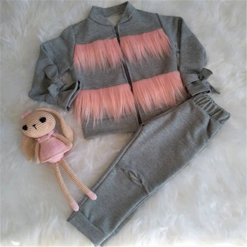 

1-6Y Casual Kids Baby Girls Fur Tops Jacket Zipper Coat+Long Pants 2PCS Outfits Set Tracksuit