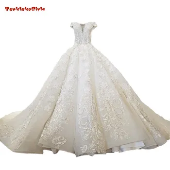 

2018 Champagne Natural White Lace Bead Tulle Wedding Dresses Sleeveless V-neck Long Train Waves Ball Gown Cap Sleeve Bride Dress